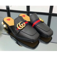 Top Design Gucci Calfskin Leather 3.5cm heel Web Details Pearls Trim Slipper 930639 Black