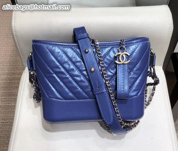 Duplicate Chanel Glittered Aged Calfskin Gabrielle Small Hobo Bag A91810 Chevron Blue 2019