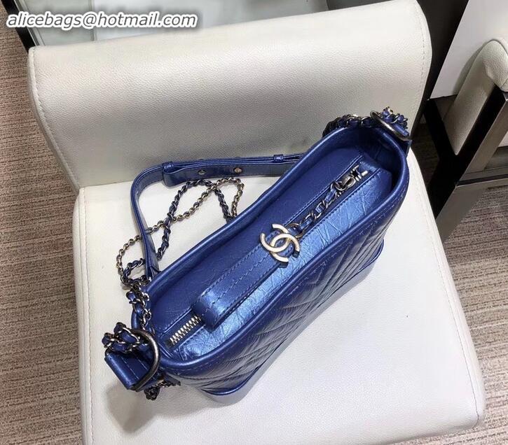 Duplicate Chanel Glittered Aged Calfskin Gabrielle Small Hobo Bag A91810 Chevron Blue 2019