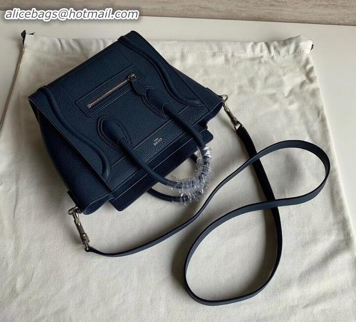 Classic Practical Celine Nano Luggage Bag in Original Drummed Calfskin Royal Blue/Silver with Removable Shoulder Strap C