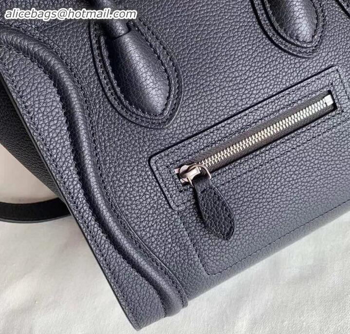 Classic Hot Celine Nano Luggage Bag in Original Drummed Calfskin Black/Silver with Removable Shoulder Strap C090906