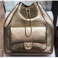 Discount Chanel Crocodile Embossed Calfskin Large Backpack Bag AS0800 Metallic Gold