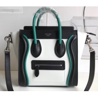 Duplicate Celine Nano Luggage Bag in Original Smooth Calfskin Black/White/Green with Removable Shoulder Strap C090906