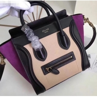 Discount Celine Nano Luggage Bag in Original Black/Drummed Beige/Suede Purple with Removable Shoulder Strap C090906