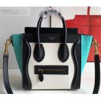 Purchase Celine Nano Luggage Bag in Original Black/Drummed White/Suede Turquoise with Removable Shoulder Strap C090906