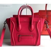 Design Cheap Celine Nano Luggage Bag in Original Drummed Calfskin Red with Removable Shoulder Strap C090906