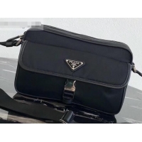 Unique Discount Prada Nylon and Saffiano Leather Shoulder Bag 2VH074 Black 2019