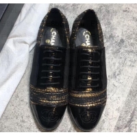 Luxury Chanel Glittered Fabric/Patent Calfskin Lace-Ups G34128 Tweed Black/Gold 2019
