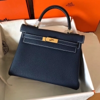 Fashion Hermes original Togo leather kelly bag KL32 dark blue
