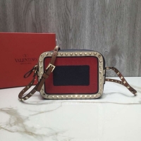 Luxury VALENTINO Rockstud leather camera cross-body bag 2855 Black&red&white