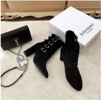 ​Discount Saint Laurent Heel 9.5cm LOU Suede Ankle Boots YSL8963 Black with Multiple Buckles 2019