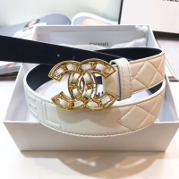 Fashion Show Collection Chanel Width 32mm CC Logo Calf Leather Belt 56607 White