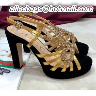 Luxury Gucci Crystal Cutout Bow High-Heel Platform Sandals G81257 Gold