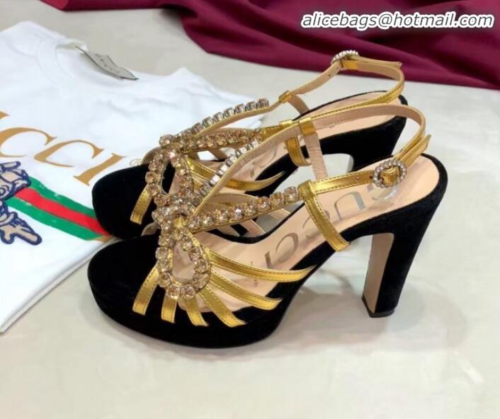 Luxury Gucci Crystal Cutout Bow High-Heel Platform Sandals G81257 Gold