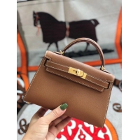 Good Quality Hermes original mini Kelly chevre mysore K19CM brown&Gold Metal