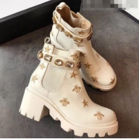 Sumptuous Gucci Bee Star Embroidered Leather Short Platform Boot with Crystal Belt 557735 White