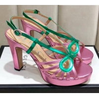 Luxury Gucci Metallic Leather Cutout Bow High-Heel Platform Sandals G81257 Green/Pink