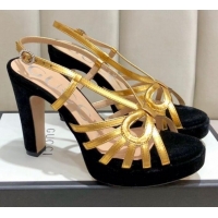 Luxury Gucci Metallic Leather Cutout Bow High-Heel Platform Sandals G81260 Gold/Black 