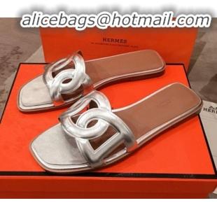Well Crafted Hermes Aloha Calfskin Fringe Flat Slide Sandal H031409 Silver 2020
