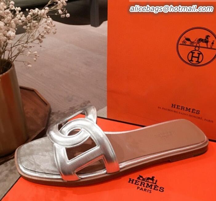 Well Crafted Hermes Aloha Calfskin Fringe Flat Slide Sandal H031409 Silver 2020