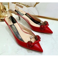 Luxury Discount Gucci Lambskin Strawberry Charm Bamboo Heel Slingback Pumps G10130 Red