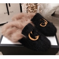 Charming Gucci GG Wool Fur Flat Slippers G12022 Black 