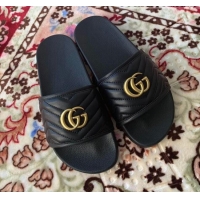 Good Product Gucci GG Marmont Leather Flat Slide Sandals G20308 Black 2020