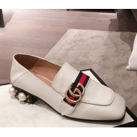 Design Gucci Leather GG Buckle Pearl Low-heel Loafers 423559 White 2020