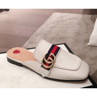 Luxury Gucci Leather GG Buckle Flat Slippers Mules 423694 White 2020