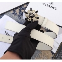 Imitation Chanel Reversible Calfskin Belt Width 30mm with Crystal Rudder Buckle 62551 White