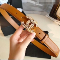 Original Cheap Chanel Grianed Calfskin Belt Width 30mm with Pearl CC Buckle 11605 Brown