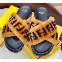 Affordable Price Fendi Logo Print Wool Fur Cross Flat Slide Sandals G81551 Brown