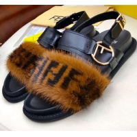 Reasonable Price Fendi Logo Print Mink Fur and Calfskin Flat Sandals G81552 Brown/Black