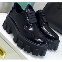 Top Grade Prada Patent Calfskin Lace-up Platform Loafers G90958 Black