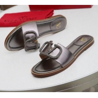 Best Price Valentino VLogo Calfskin Flat Slide Sandals V01051 Silver Grey