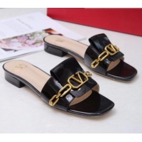 Grade Design Valentino Patent Leather Vlogo Chain Flat Slide Sandals V10116 Black 