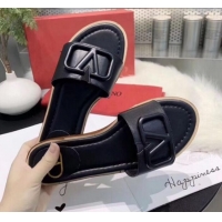 Good Quality Valentino VLogo Calfskin Flat Slides Sandals V22624 Black