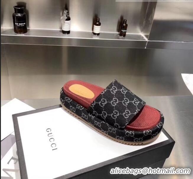 Top Quality Gucci Denim Black GG Platform Slide Sandal 573018