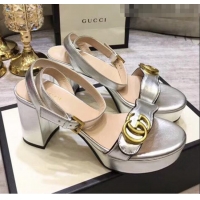 Top Quality Gucci Leather Platform Sandal with Double G 573022 Silver 2020