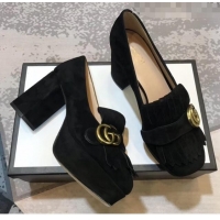 Discount Gucci Suede Leather Heel Platform Pump with Fringe 573019 Black 2019