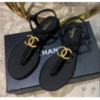 Top Quality Chanel Tweed & Lambskin Thong Sandals With CC Logo G52121 Black 2020