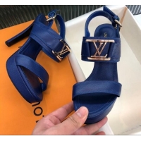 Fashion Louis Vuitton Horizon Grained Calfskin Square LV Platform Sandal 100MM LV2432 Blue 2020