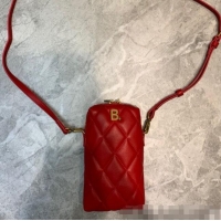 Free Shipping Balenciaga B. Quilted Lambskin Phone Holder Pouch Crossbody B62310 Red 2020
