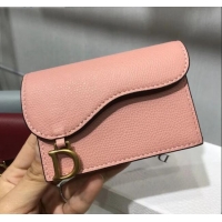 Unique Grade Dior Saddle Grained Calfskin Flap Card Coin Purse Wallet CD2310 Pink 2019