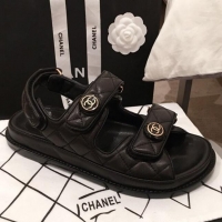 Well Crafted Chanel Leather Strap CC Button Flat Sandals G3445 Black 2020