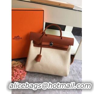 Fashion Hermes Herbag 31CM Original Canvas Leather & Calfskin 45987 brown&white