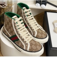 Perfect Gucci Tennis 1977 High Top Sneakers in Beige GG Canvas 72013 2020