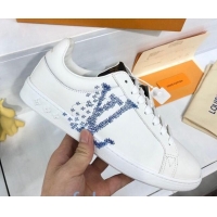 Cheap Price Louis Vuitton Luxembourg Printed LV Sneakers in Silky Calfskin 83136 White/Blue
