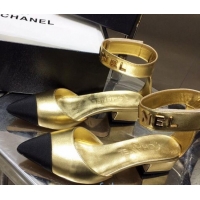 Classic Specials Chanel Lambskin Pumps with Golden Letters Strap 92303 Gold