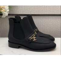 Stylish Chanel Quilted Calfskin Short Chelsea Boot with Chain 92433 Black